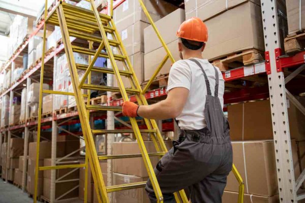 A warehouse worker climbing rack.